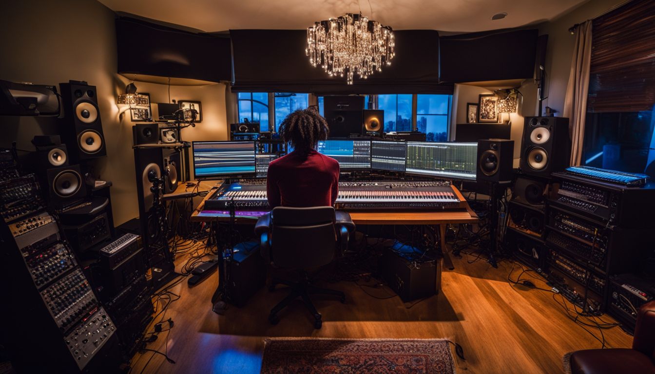 Muzyk pracuje w domowym studio nagraniowym, otoczony sprzętem audio.