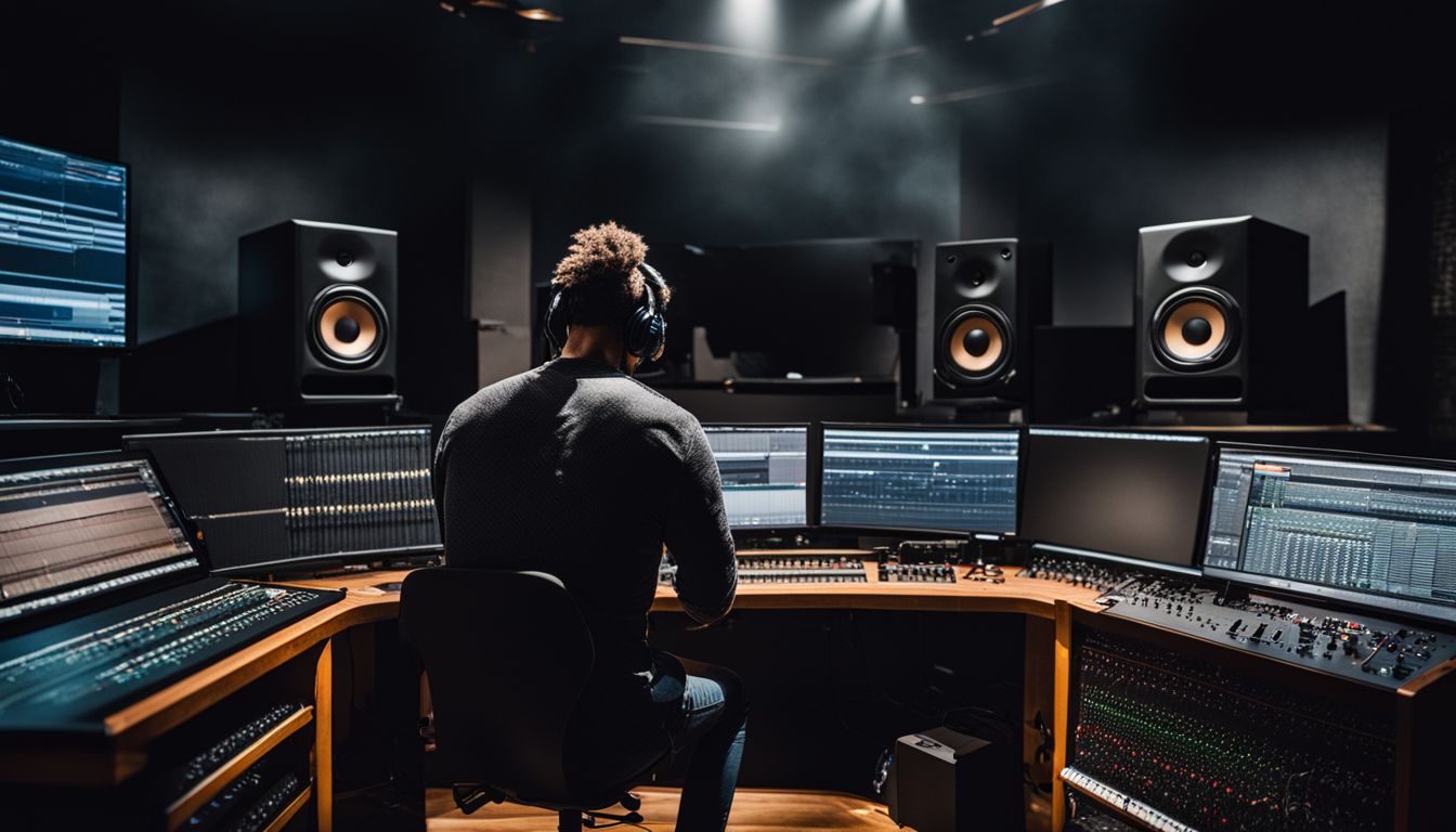Muzyk dostosowuje monitory w profesjonalnym studio nagraniowym.