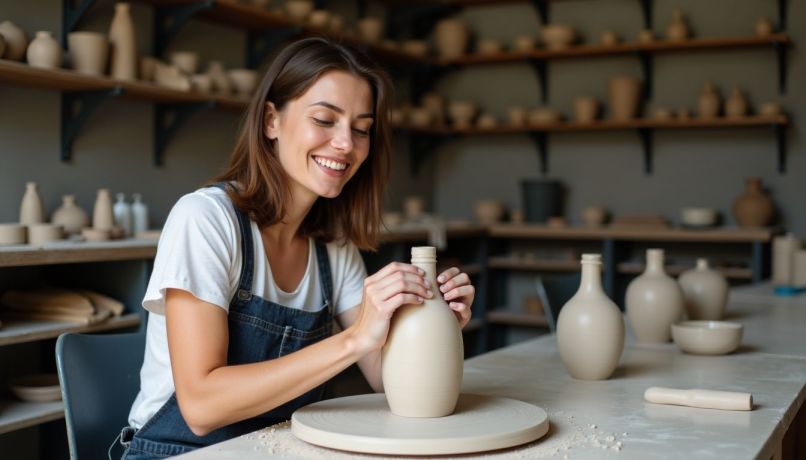 Kobieta w pracowni garncarskiej tworząca ceramikę.